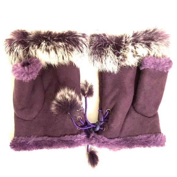 NWT purple fingerless mittens angora fur gloves Purple warm faux suede Pompom - Picture 2 of 8